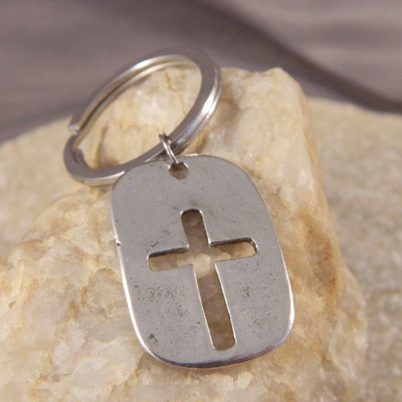 Pewter Rectangle Cross Keychain